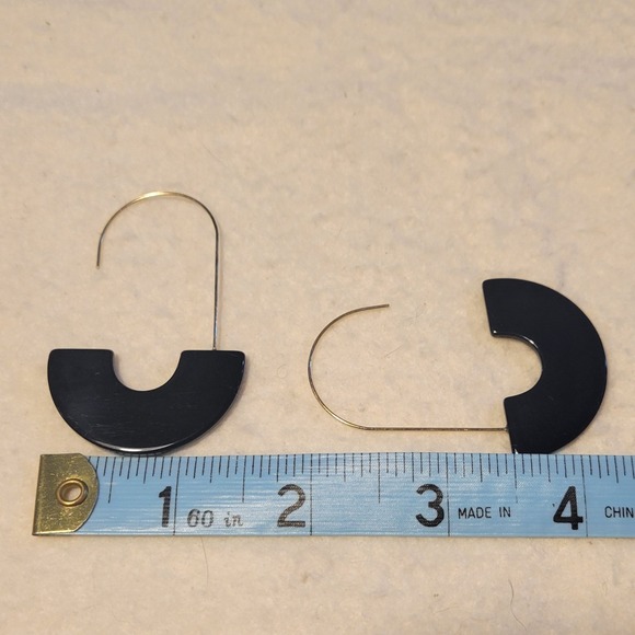 Vintage Unsigned Black Acrylic Half Hoop Modern Style French Hook 2.25" Earrings - Picture 2 of 2